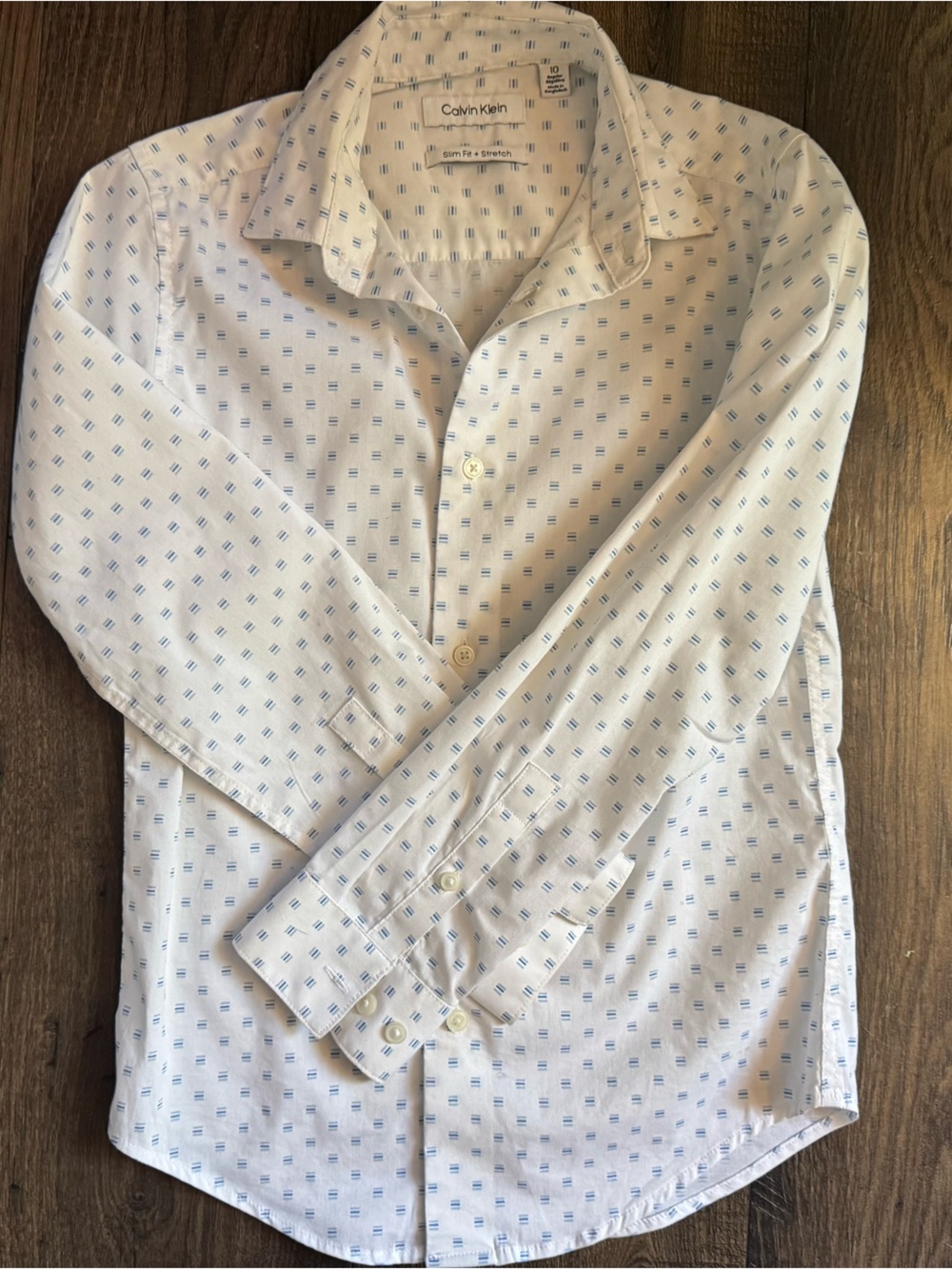Calvin Klein Boys Slim Fit Stretch Dress Shirt Size 10 White Blue Print